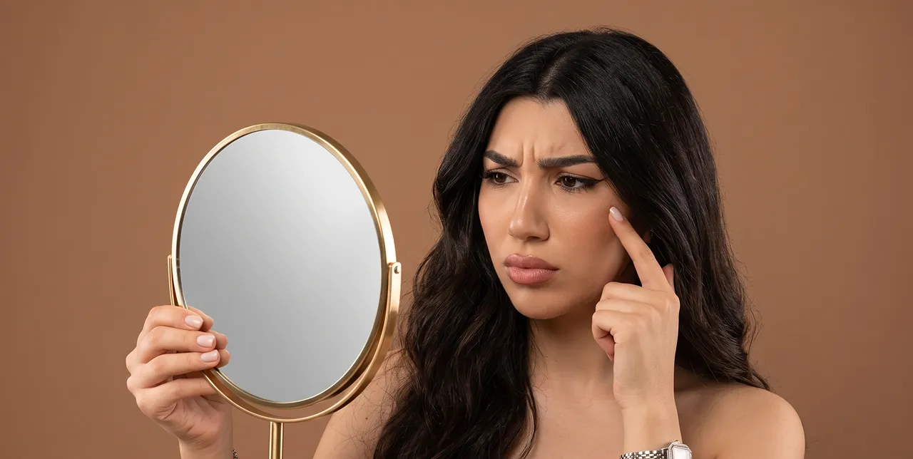 Stressed Halfnaked Woman Looking Mirror Touching Her Face 1